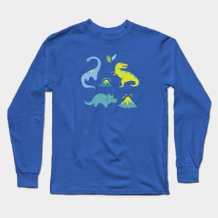 Kawaii Dinosaurs in Blue + Green Long Sleeve T-Shirt